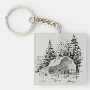 Distant Barn Sketch I Key Ring