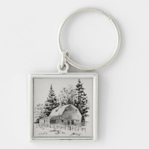 Distant Barn Sketch I Key Ring