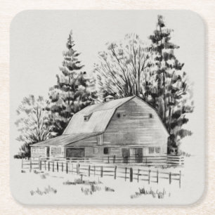 Distant Barn Sketch I Square Paper Coaster