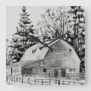 Distant Barn Sketch I Square Wall Clock