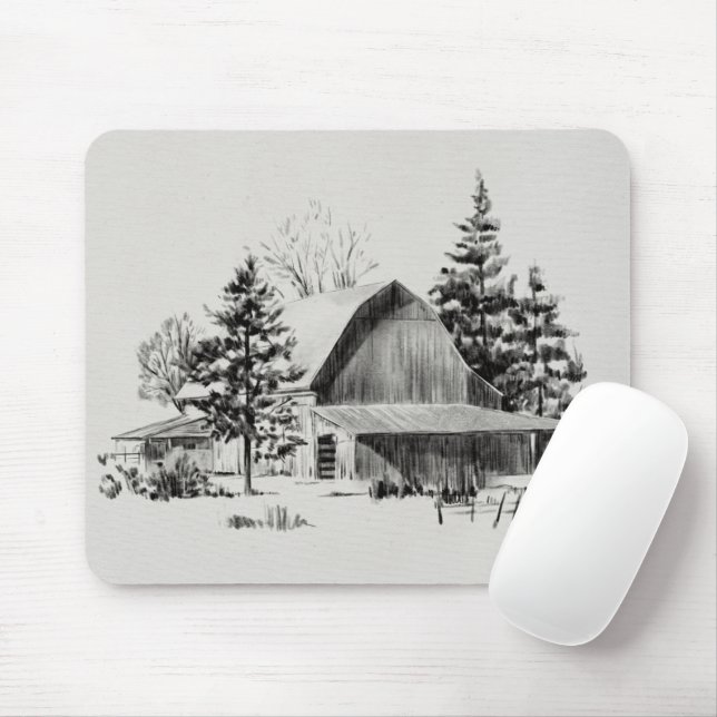 Distant Barn Sketch II Mouse Mat (With Mouse)