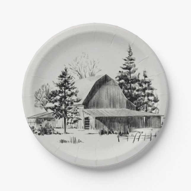 Distant Barn Sketch II Paper Plate (Front)