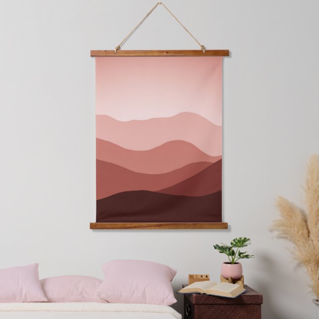 Distant Mountains Dark Red Blush Coral Sunset Hanging Tapestry (Bedroom)