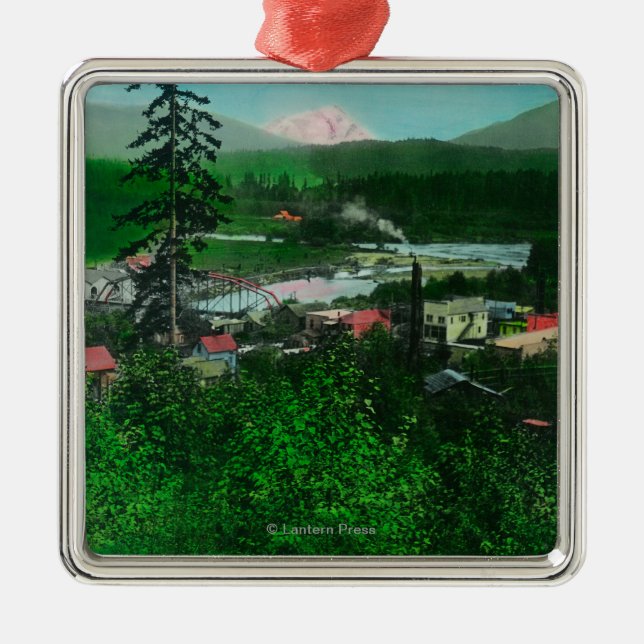 Distant View of Glacier Peak and Town Metal Tree Decoration (Front)