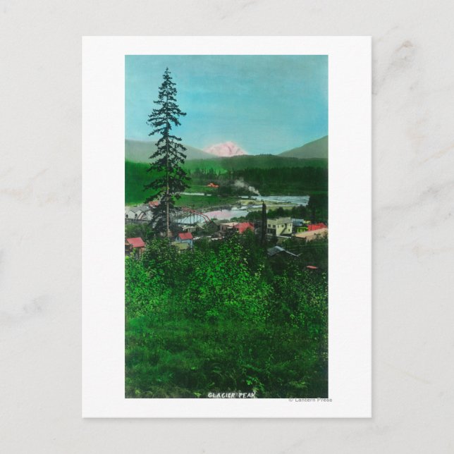 Distant View of Glacier Peak and Town Postcard (Front)