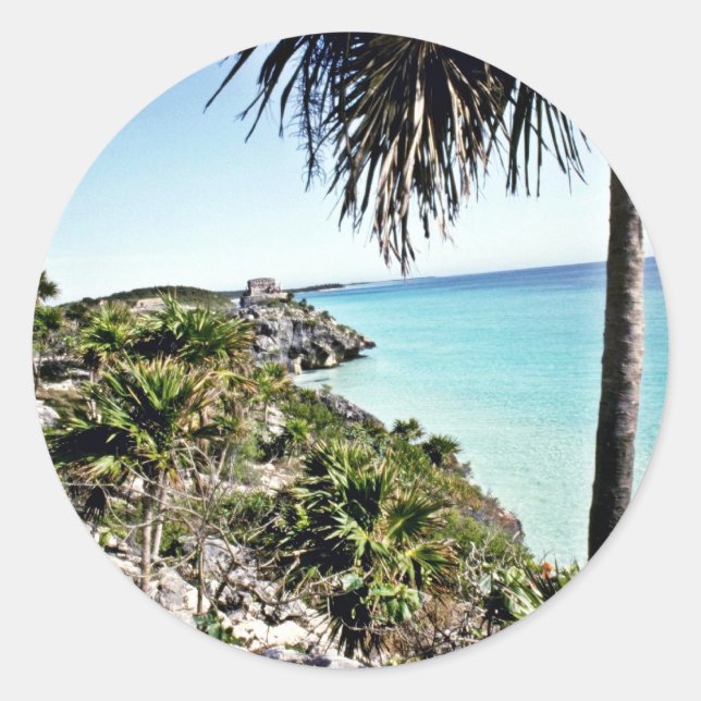 Distant View Of Mayan El Castillo, Tulum Classic Round Sticker (Front)