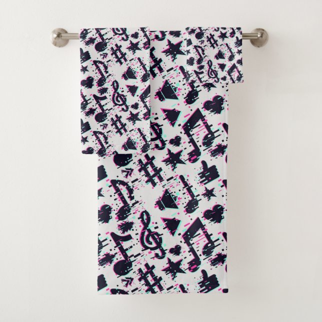 Distorted Musical Notes & Hearts Pattern Bath Towel Set (Insitu)