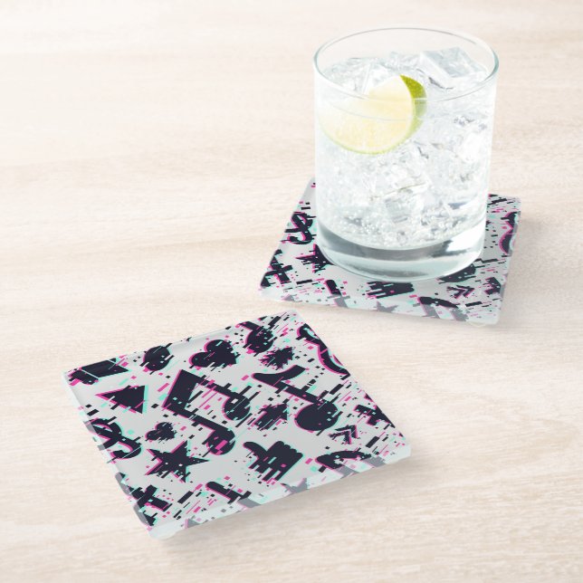 Distorted Musical Notes & Hearts Pattern Glass Coaster (Angled)