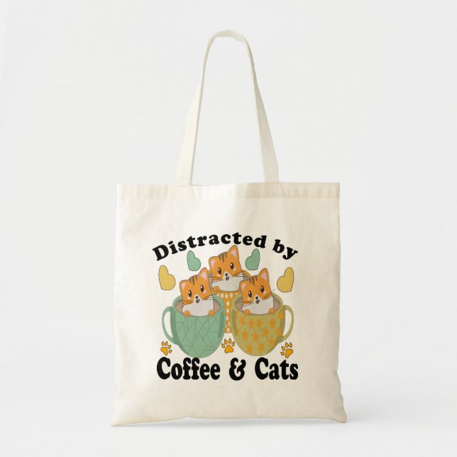 DISTRACTED BY CATS AND COFFEE. TOTE BAG (Front)
