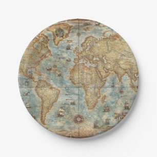 Distress Vintage antique drawn world map Paper Plate