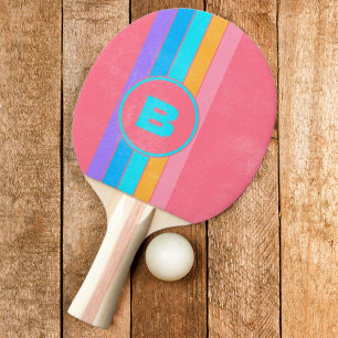 Distressed 80s Neon Sunrise Striped with Initial  Ping Pong Paddle