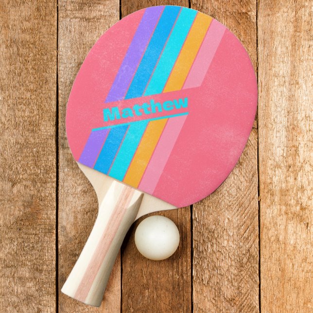 Distressed 80s Neon Sunrise Striped with Name Ping Pong Paddle (Creator Uploaded)