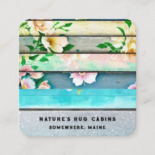 *~* Distressed Aged Wood QR AP49 Flowers Pastel Square Business Card