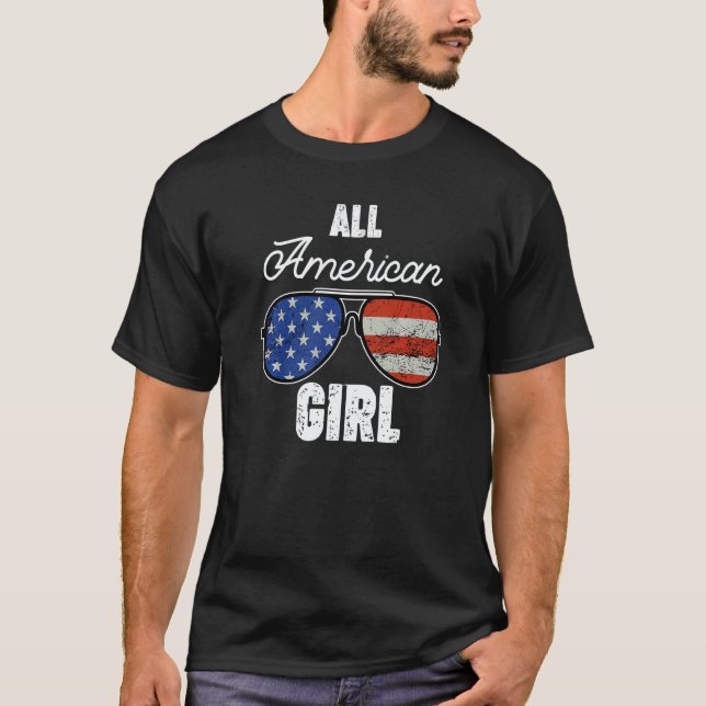 Distressed All American Girl USA Flag Sunglasses 4 T-Shirt (Front)