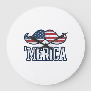 Distressed America Moustache Patriotic Vector Desi Large Clock