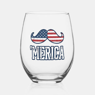 Distressed America Moustache Patriotic Vector Desi Stemless Wine Glass