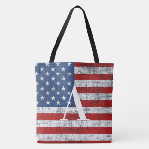 Distressed American Flag 4th of July Initial Tote Bag