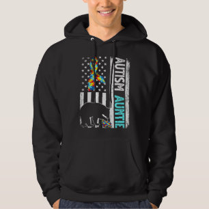 Distressed American Flag Autism Auntie Bear Autist Hoodie