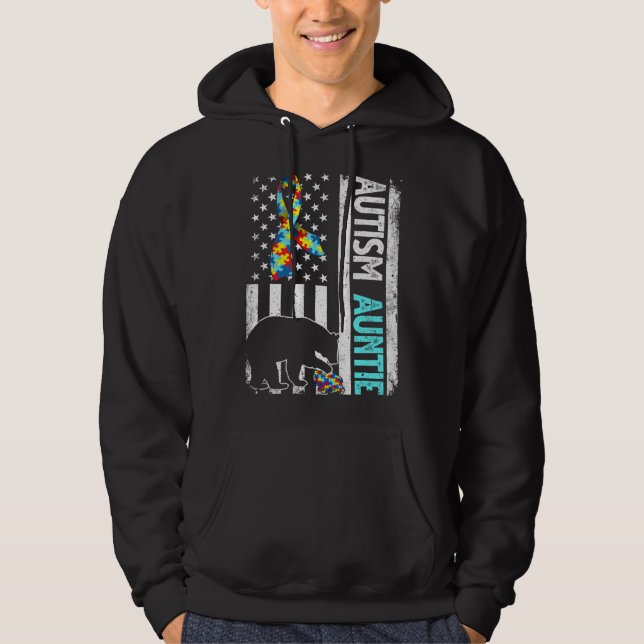 Distressed American Flag Autism Auntie Bear Autist Hoodie (Front)