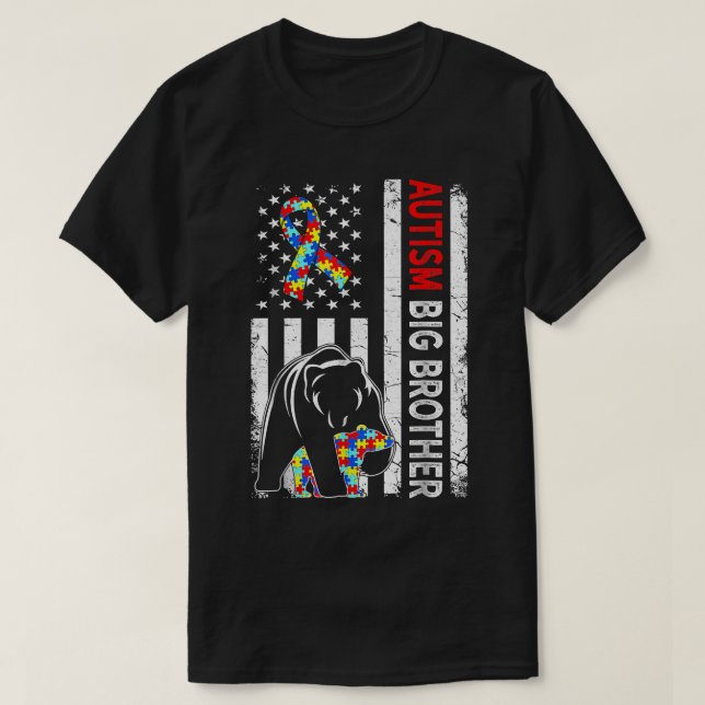 Distressed American Flag Autism Big Brother Bear A T-Shirt (Design Front)