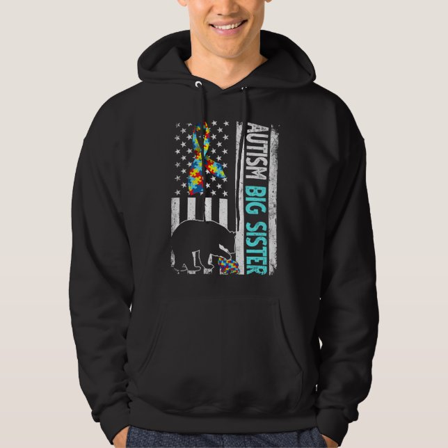 Distressed American Flag Autism Big Sister Bear Au Hoodie (Front)