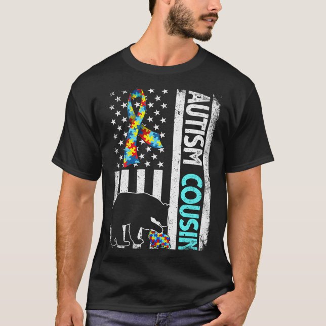 Distressed American Flag Autism Cousin Bear Autist T-Shirt (Front)