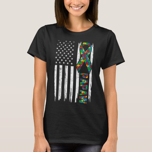 Distressed American Flag Autism Papaw Family Match T-Shirt (Front)