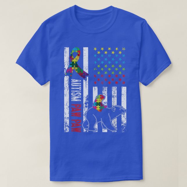 Distressed American Flag Autism Paw Paw Bear Aware T-Shirt (Design Front)