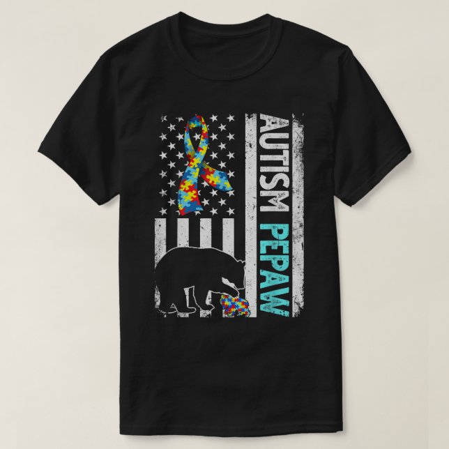 Distressed American Flag Autism Pepaw Bear Autisti T-Shirt (Design Front)