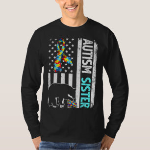 Distressed American Flag Autism Sister Bear Autist T-Shirt