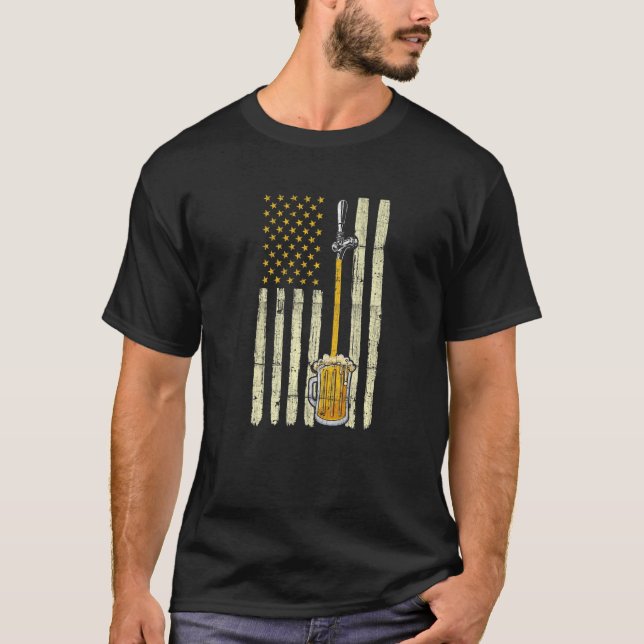 Distressed American Flag Beer Tap Humourous Drinki T-Shirt (Front)