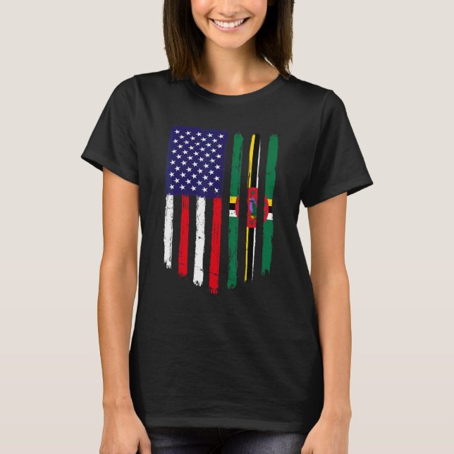Distressed American Flag & Dominica Flag Patriotic T-Shirt (Front)