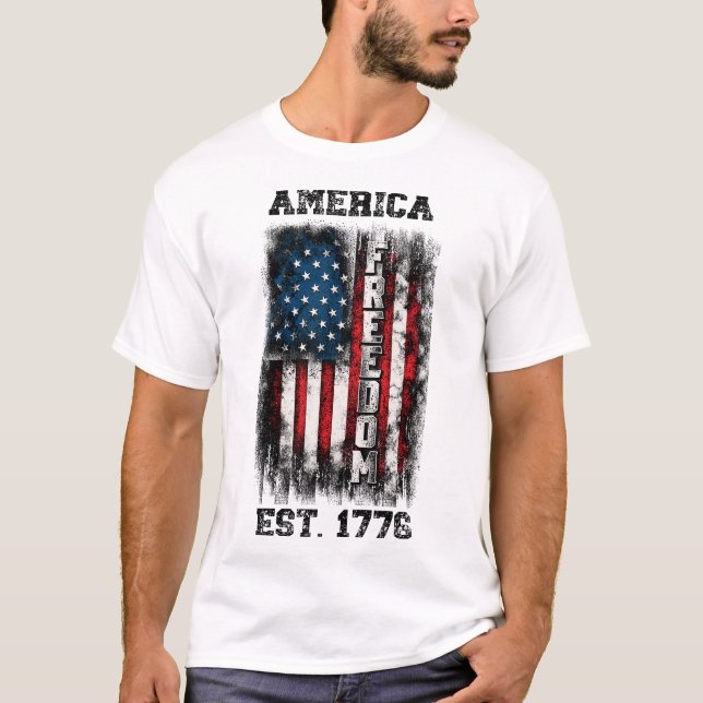 Distressed American Flag Freedom Est 1776 T-Shirt (Front)