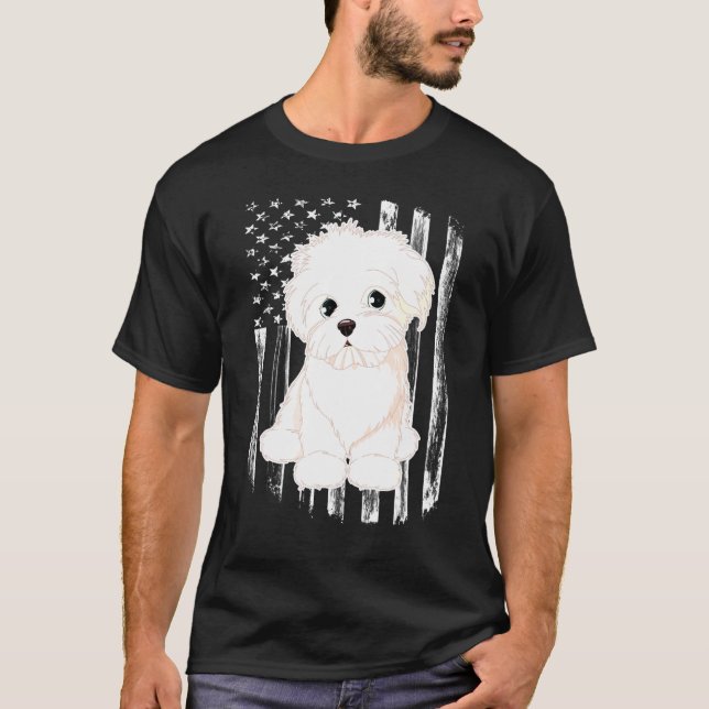 Distressed American Flag Maltese Dog 4th Of July T T-Shirt (Front)