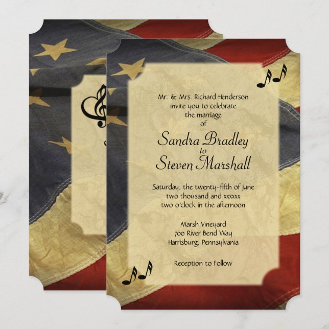 Distressed American Flag Music Wedding Invitations (Front/Back)