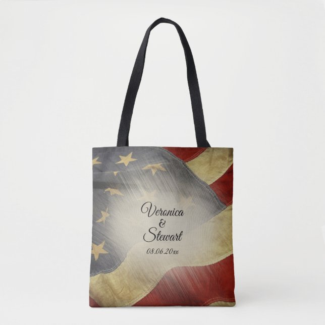 Distressed American Flag Names and Date Tote Bag (Front)