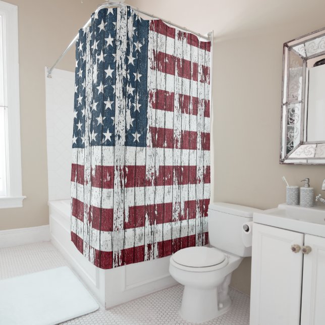 Distressed American Flag on Wood Shower Curtain (In Situ)