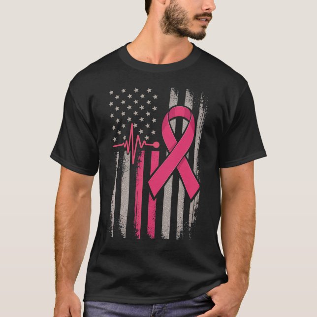 Distressed American Flag Pink Ribbon Breast Cancer T-Shirt (Front)