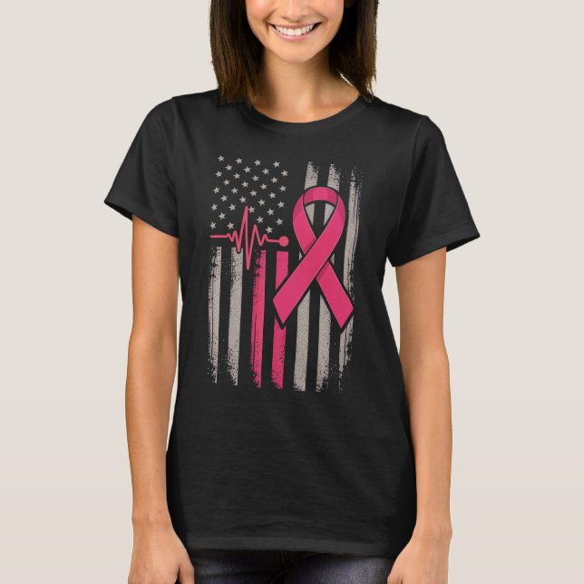 Distressed American Flag Pink Ribbon Breast Cancer T-Shirt (Front)
