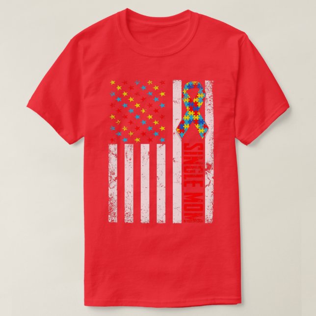 Distressed American Flag Single Mum Autism Awarene T-Shirt (Design Front)