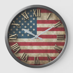Distressed American Flag Vintage Roman Numeral Large Clock