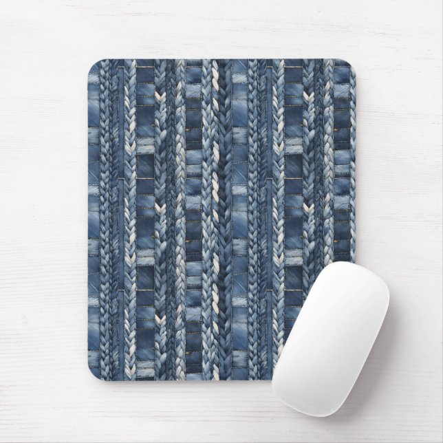 Distressed And Braided Blue Jean Denim Mouse Mat (With Mouse)