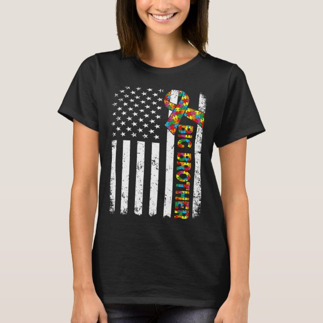 Distressed Autism Big Brother American Flag Family T-Shirt (Front)