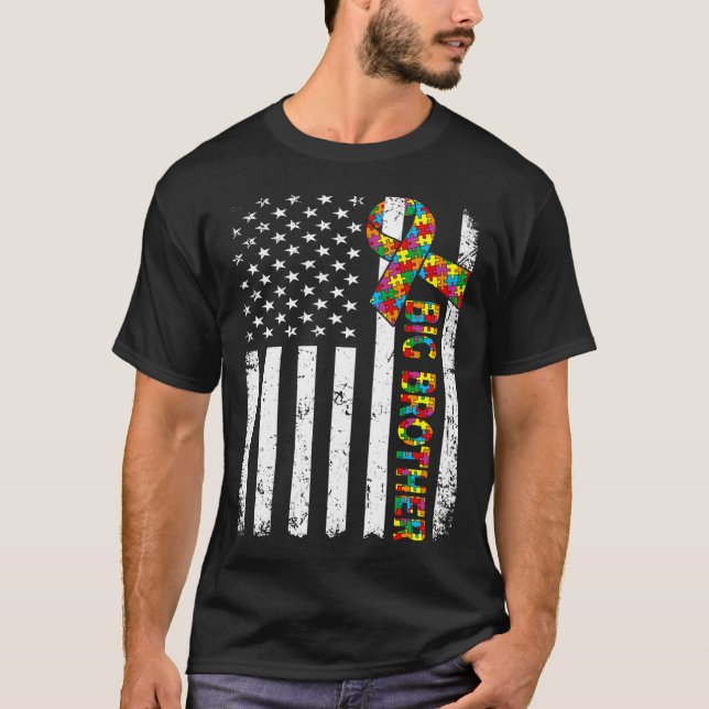 Distressed Autism Big Brother American Flag Family T-Shirt (Front)