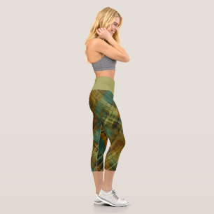 Distressed Autumnal Tartan Check Pistachio Band Capri Leggings