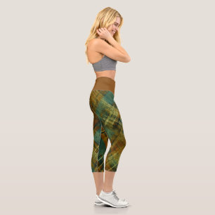 Distressed Autumnal Tartan Check Tan Band Capri Leggings