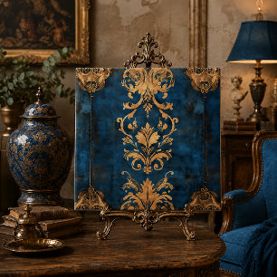 Distressed Baroque Damask Pattern Blue Gold Tile