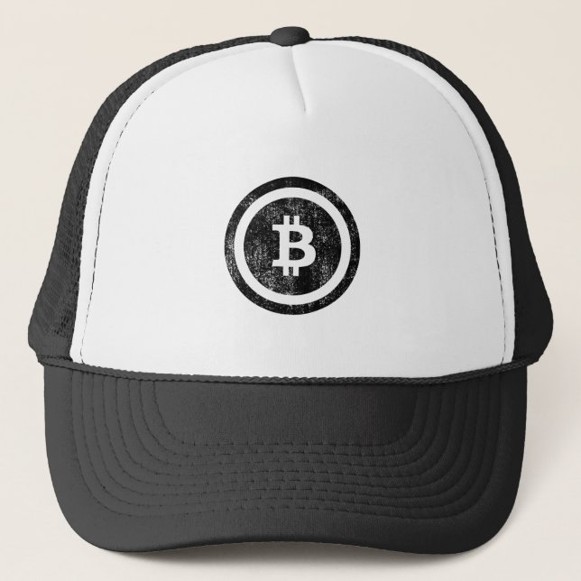 Distressed Bitcoin - Coin Logo Only Black & White Trucker Hat (Front)
