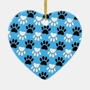 Distressed Black And White Paws On Blue Background Ceramic Tree Decoration
