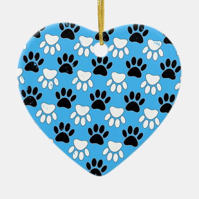 Distressed Black And White Paws On Blue Background Ceramic Tree Decoration (Front)